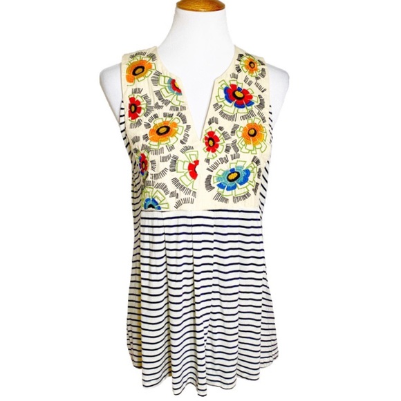 Anthropologie Tops - Anthropologie Embroidered Floral Striped Tunic